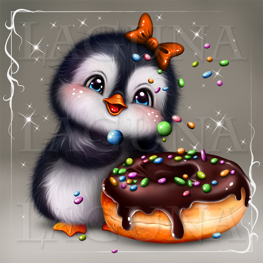 Cartoon penguin with a bow eating a donut with chocolate glaze and colorful sprinkles on a decorative background.