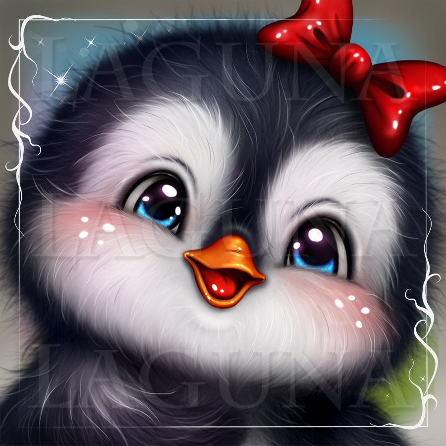 Close-up of a cartoon penguin with a red bow on a decorative background