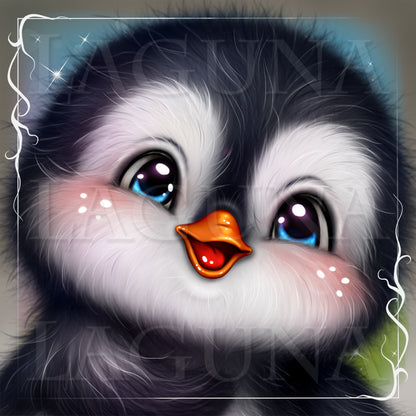 Illustration of a cute penguin with large eyes and a colorful beak.