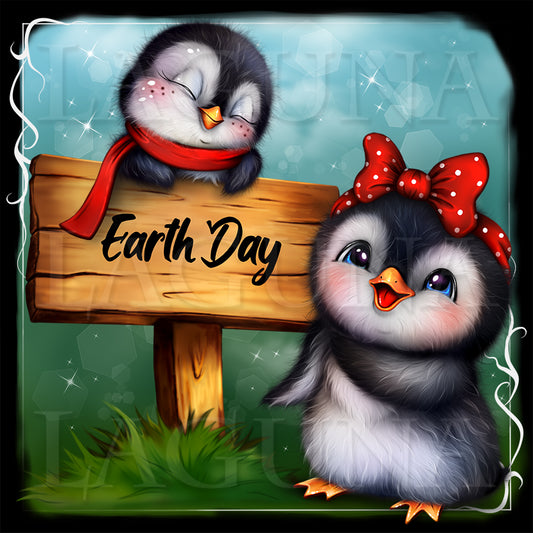 Two cartoon penguins with a 'Earth Day' sign on a decorative background