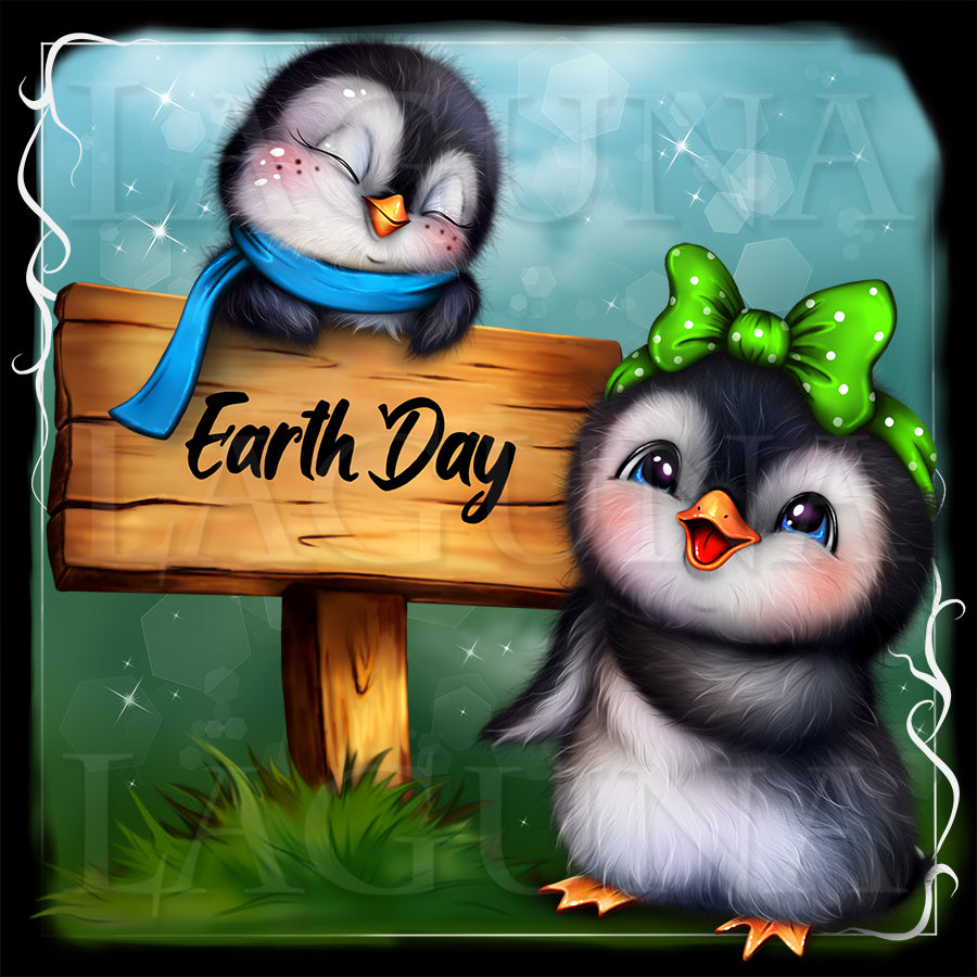Two cartoon penguins with a 'Earth Day' sign on a decorative background
