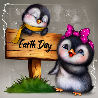 Two cartoon penguins with a 'Earth Day' sign on a decorative background.