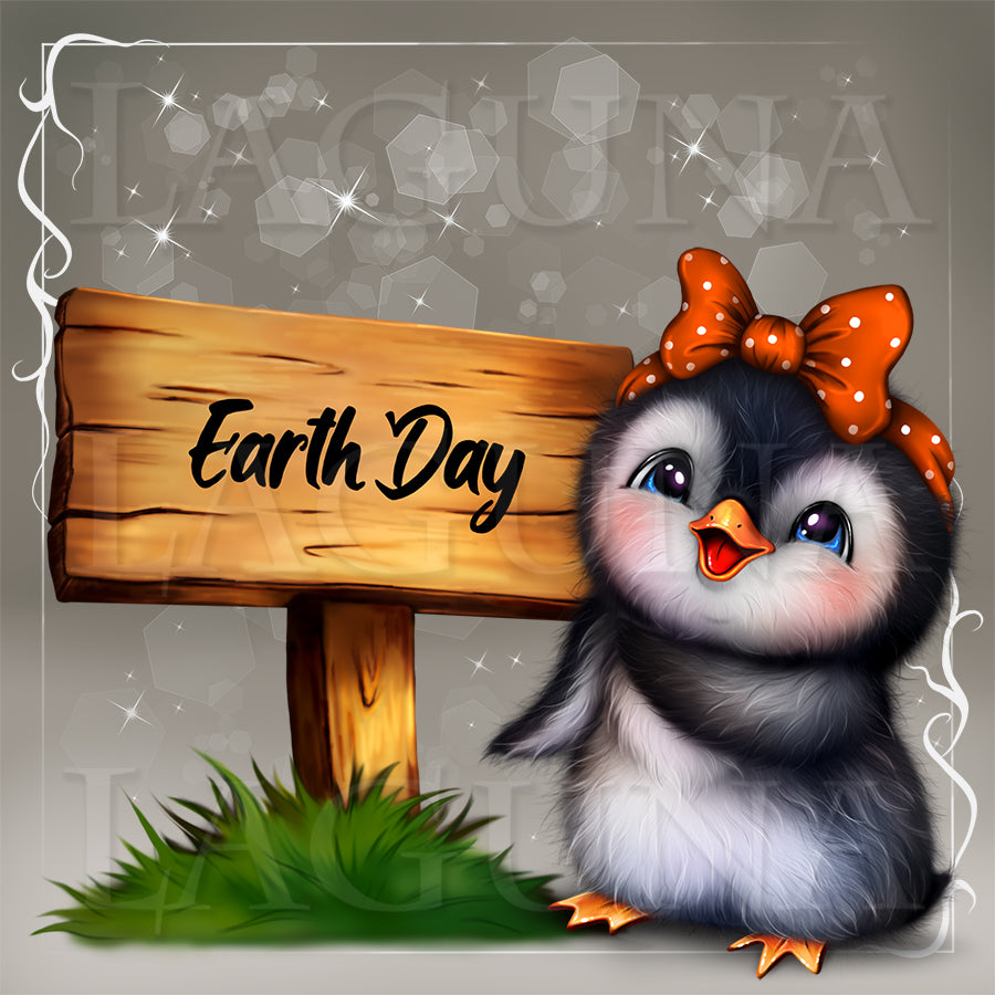 Cartoon penguin with an orange bow next to a wooden 'Earth Day' sign on a decorative background.