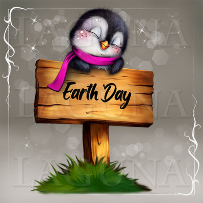 Penguin with a pink scarf on an 'Earth Day' sign with decorative elements.