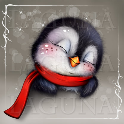 Illustration of a penguin with a red scarf on a decorative background