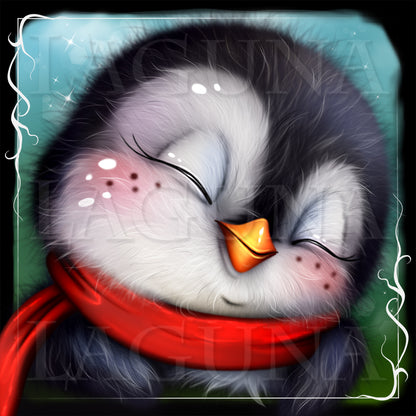 Illustration of a cartoon penguin with a red scarf on a decorative background