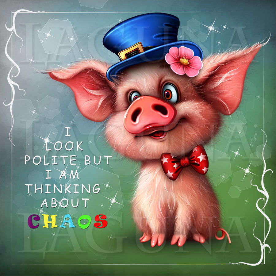 Cute cartoon pig wearing a hat and bow tie with text on a green background