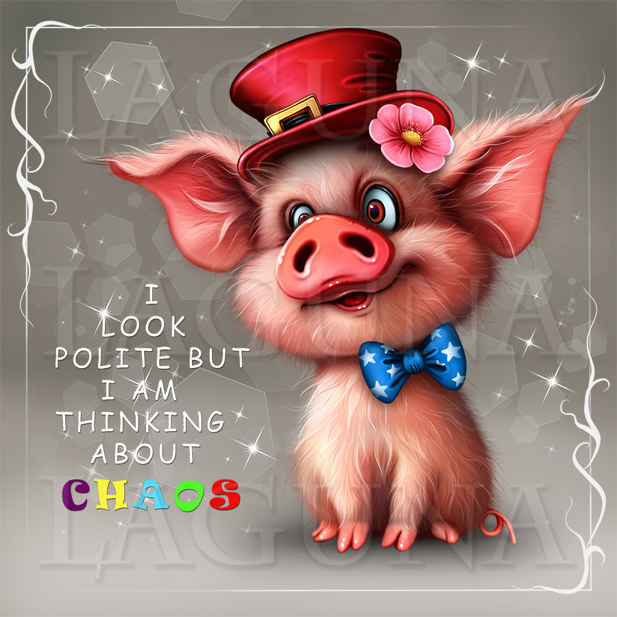 Cartoon pig wearing a red hat and blue bow tie with text on a gray background