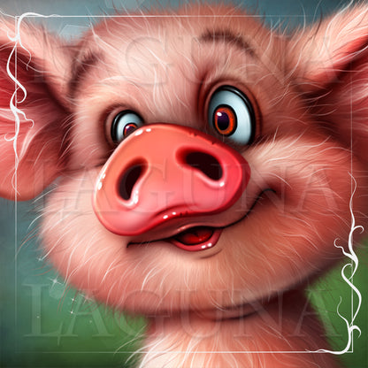 Cartoon pig with a surprised expression on a green background