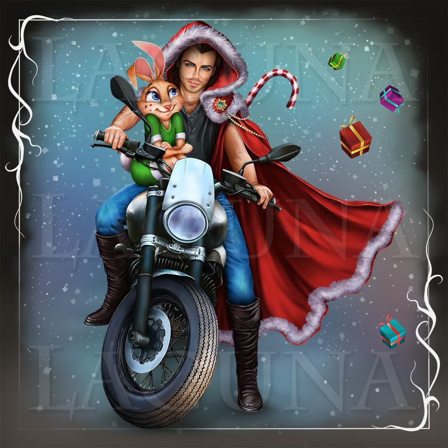 Santa Biker with Bunny Elf