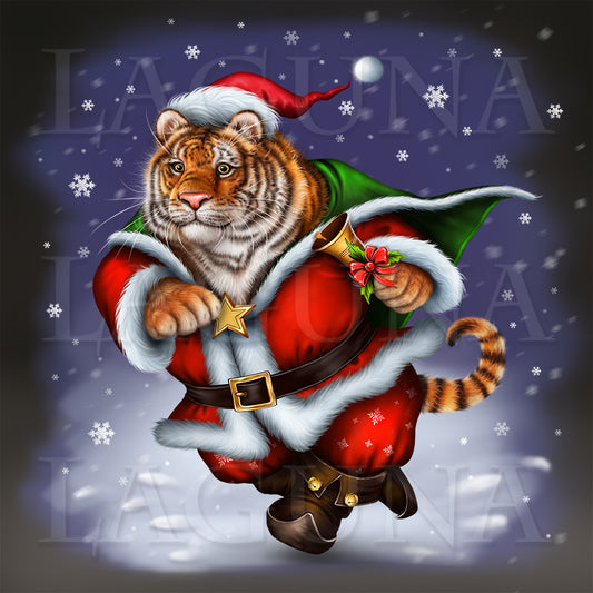Santa Tiger Hurrying Up for Christmas