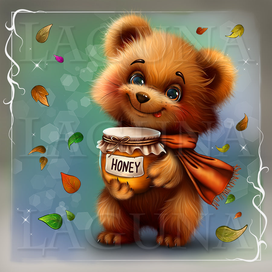A cute cartoon-style brown bear holding a jar of honey, wearing an orange scarf, with falling leaves on a soft teal background and a decorative white border.
