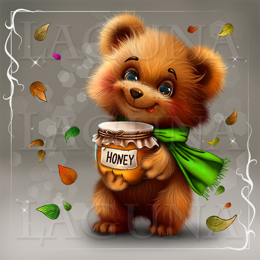 A cute cartoon-style brown bear holding a jar of honey with a green scarf, surrounded by falling leaves on a gray background with a decorative white border.