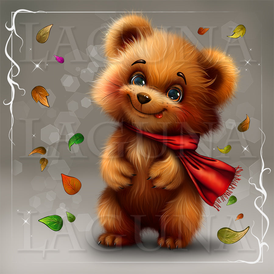 A cute cartoon-style brown teddy bear standing on its hind legs, wearing a bright red scarf, with scattered autumn leaves around it on a gray background.