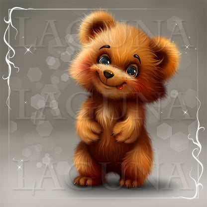 A digital illustration of a cute, fluffy brown bear cub standing on its hind legs, set against a gray background with a decorative white border and faint watermarks.