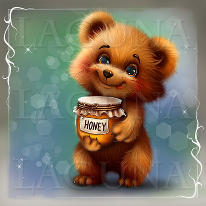 A cute cartoon-style brown bear holding a jar of honey, centered on a soft blue-green background with decorative sparkles and a white ornamental border. The jar label reads “HONEY".