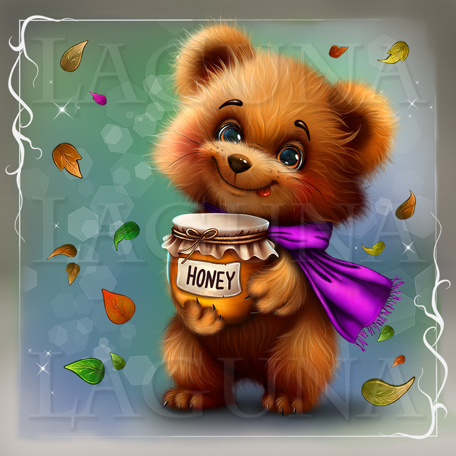 A clipart of a cute cartoon-style brown teddy bear holding a jar of honey with a purple scarf, surrounded by floating autumn leaves on a soft teal background with a decorative white border.