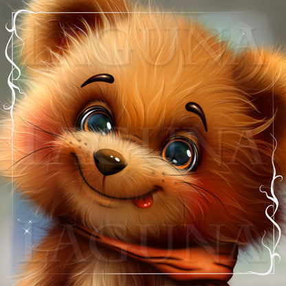 A close-up digital illustration of a fluffy orange-brown teddy bear face with large blue eyes, rosy cheeks, and a small pink tongue sticking out.