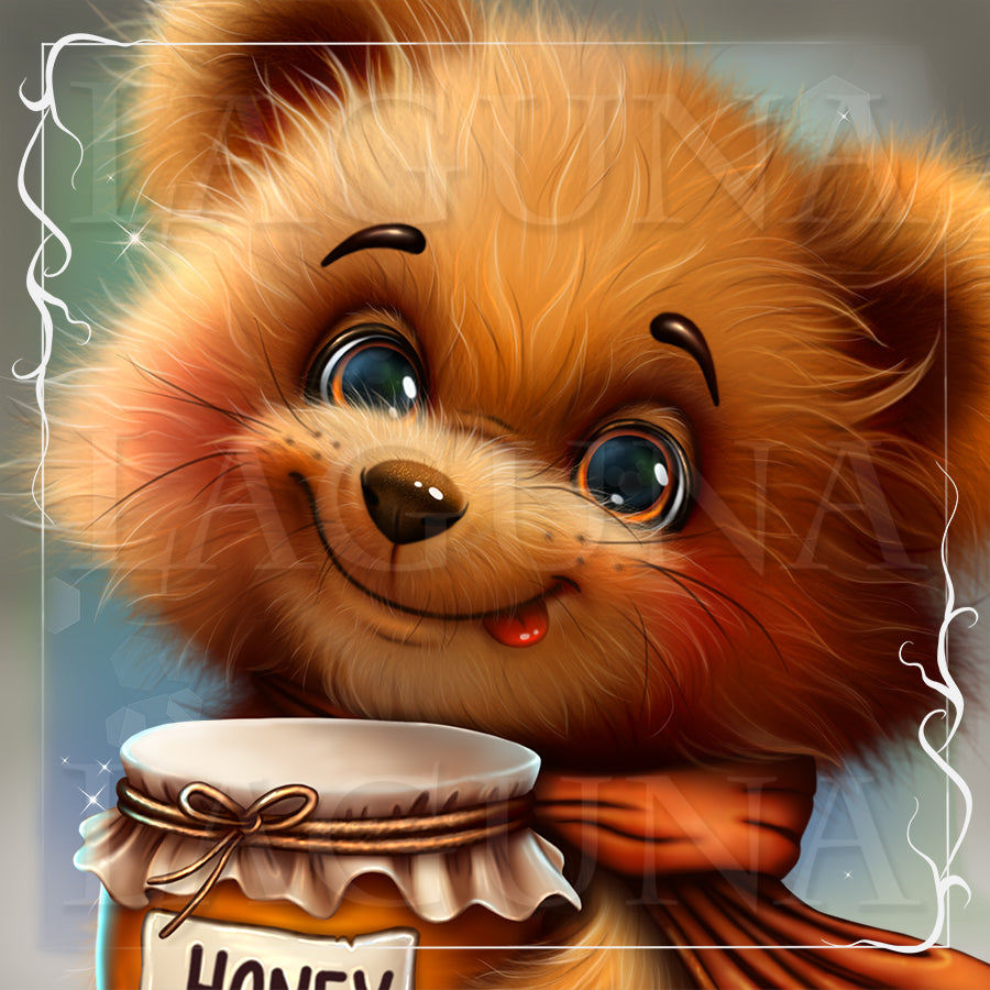 A digital illustration of a fluffy orange-brown teddy bear holding a jar of honey, framed by a decorative white border with sparkles.