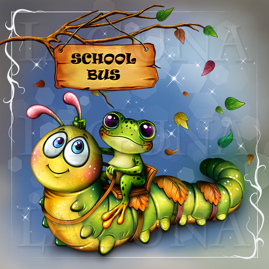 A whimsical illustration of a green caterpillar carrying a small green frog on its back, with a wooden sign reading 'SCHOOL BUS' hanging from a tree branch above. The scene has a blue-gray background with falling leaves and sparkles, framed by a decorative white border.