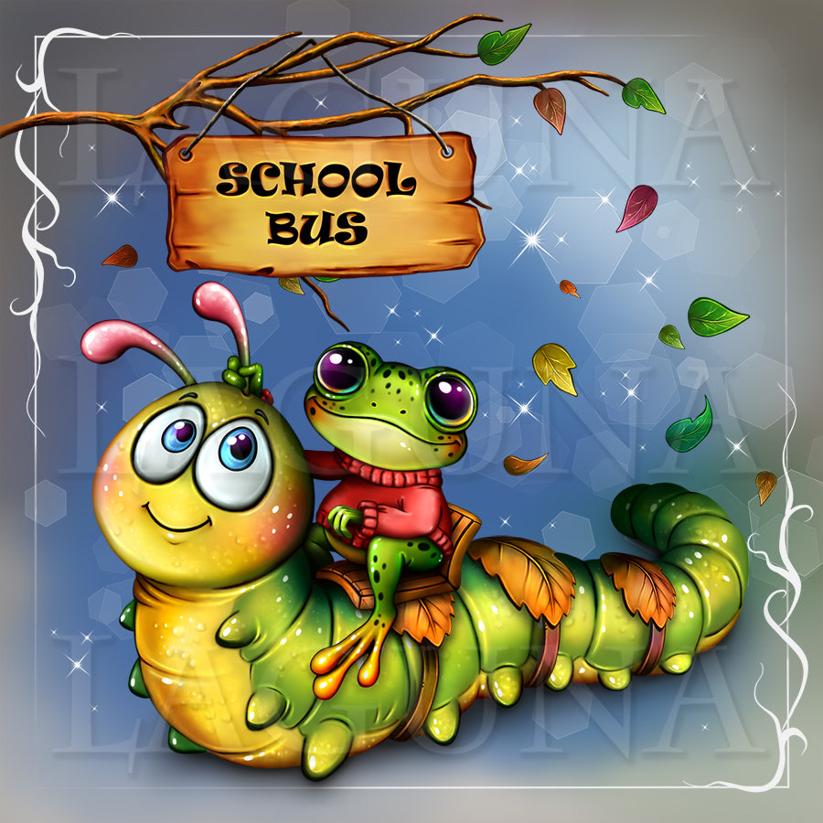 A whimsical illustration of a green caterpillar carrying a frog on its back, with a wooden sign reading 'SCHOOL BUS' hanging from tree branches above. The scene has colorful leaves, sparkles, and a soft blue-gray background.