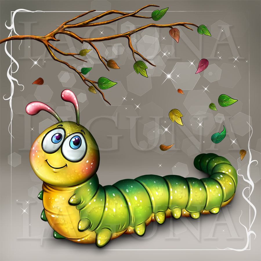 A colorful cartoon caterpillar with large blue eyes and pink antennae, crawling under a brown branch with falling leaves on a gray background with decorative sparkles and a white border.