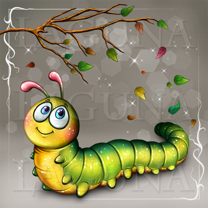 A colorful cartoon caterpillar with large blue eyes and pink antennae, crawling under a brown branch with falling leaves on a gray background with decorative sparkles and a white border.