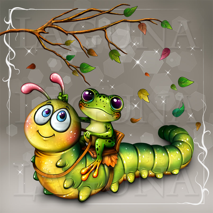 A whimsical cartoon illustration of a green caterpillar carrying a green frog on its back, with leaves, branches, and sparkles around them on a gray patterned background.