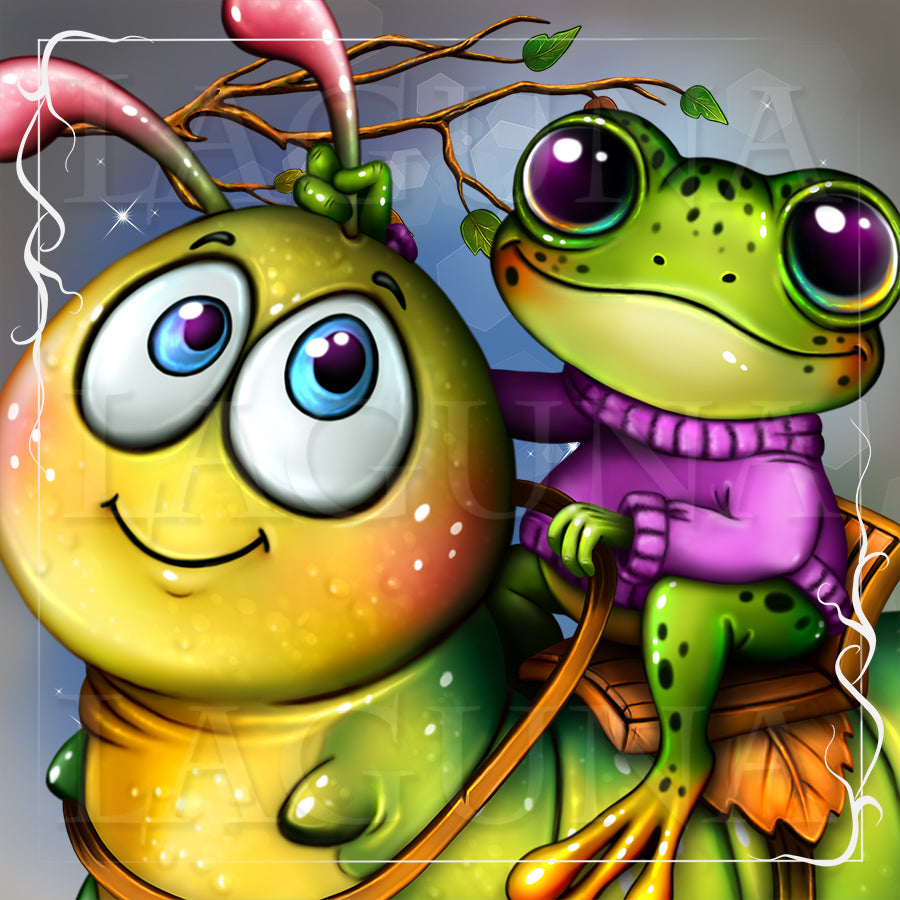 A colorful cartoon illustration of a yellow-green caterpillar and a green frog wearing a purple sweater, posed together against a stylized blue-gray background with decorative sparkles and a white border.