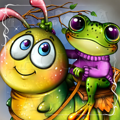 A colorful cartoon illustration of a yellow-green caterpillar and a green frog wearing a purple sweater, posed together against a stylized blue-gray background with decorative sparkles and a white border.