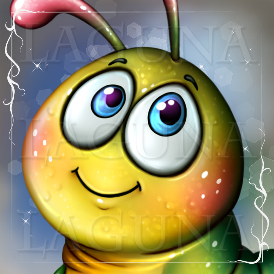 A close-up cartoon-style illustration of a smiling yellow caterpillar with large blue eyes, antennae, and a green body, set against a soft gray-blue background with decorative sparkles and a white border.
