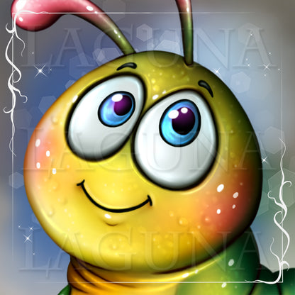 A close-up cartoon-style illustration of a smiling yellow caterpillar with large blue eyes, antennae, and a green body, set against a soft gray-blue background with decorative sparkles and a white border.