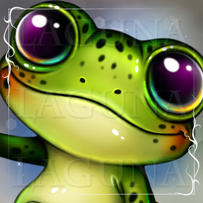 A stylized close-up illustration of a green frog face with large glossy eyes, dark spots, and a soft blue-gray background. 