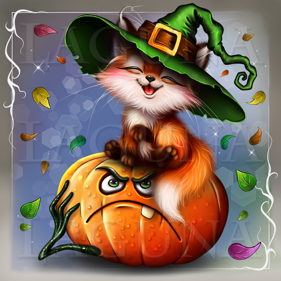A whimsical Halloween illustration showing a smiling orange fox wearing a green witch hat with a gold buckle, sitting on an angry orange pumpkin. Falling leaves and sparkles surround them against a blue-gray background with a decorative white border.