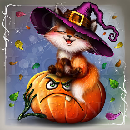 A whimsical Halloween illustration showing a smiling orange fox wearing a purple witch hat with a gold buckle, sitting on a grumpy orange pumpkin. The scene is surrounded by scattered autumn leaves and sparkles on a gray background with a decorative white border.
