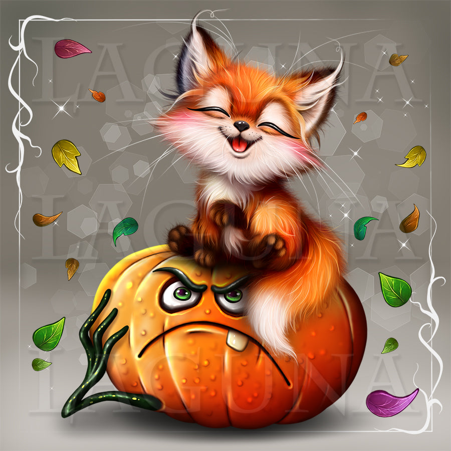 A whimsical illustration of a smiling orange fox sitting on top of a grumpy carved pumpkin, with scattered autumn leaves and sparkles on a gray background.