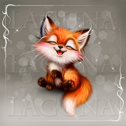 A cute cartoon fox character with closed smiling eyes, pink cheeks, and a fluffy orange-and-white tail, centered on a gray background with decorative white swirls.