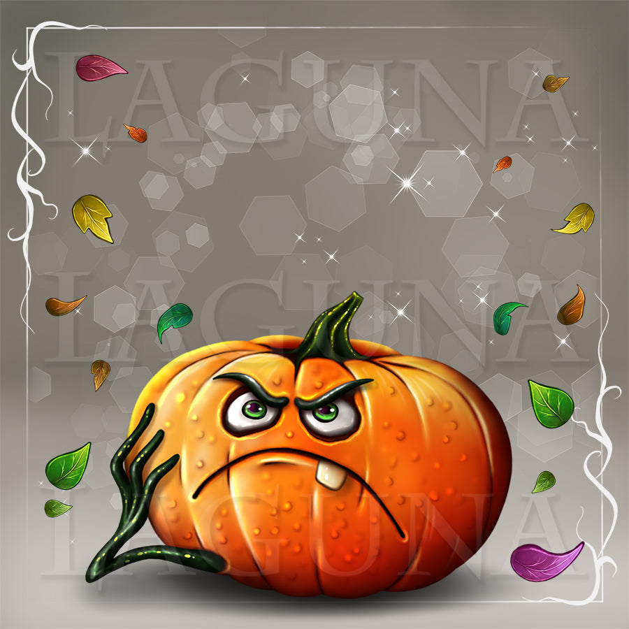 A cartoon-style orange pumpkin with an angry face, green stem, and leafy vines, set against a gray background with falling leaves and decorative white border lines.