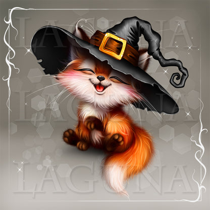 A cute cartoon fox wearing a black witch hat with a gold buckle, sitting against a gray background with decorative white border and sparkles.