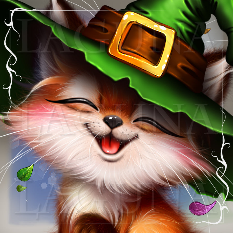 A stylized digital illustration of a smiling fox wearing a green witch hat with a gold buckle, set against a soft blue background with decorative white swirl borders and small leaves.