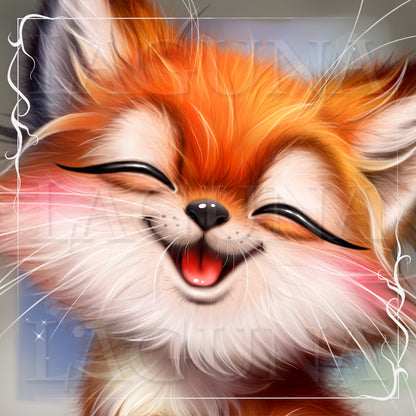 A close-up digital illustration of a smiling orange and cream fox with closed eyes, pink cheeks, and a small black nose, framed by a decorative white border.