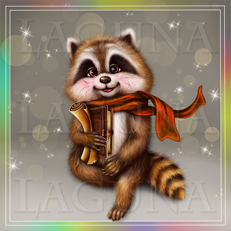 Smiling Raccoon with Book and Scroll