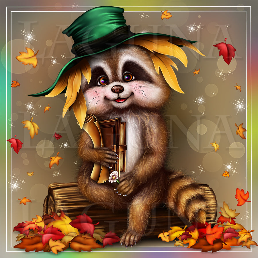 Smiling Raccoon with Book and Scroll