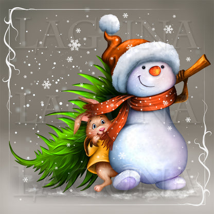 Snowman, Bunny and Christmas Tree