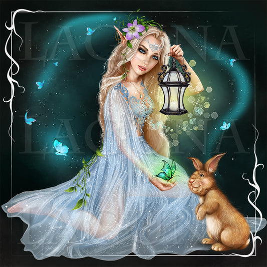 Spring Elf Girl with Bunny and Butterflies