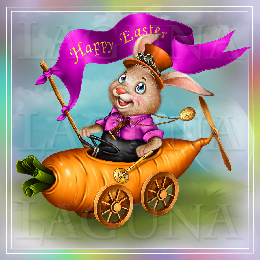 Steampunk Bunny Riding a Carrot Car