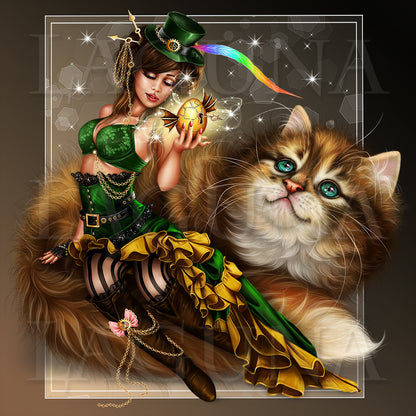 Steampunk Easter Leprechaun Girl Sitting on Cat