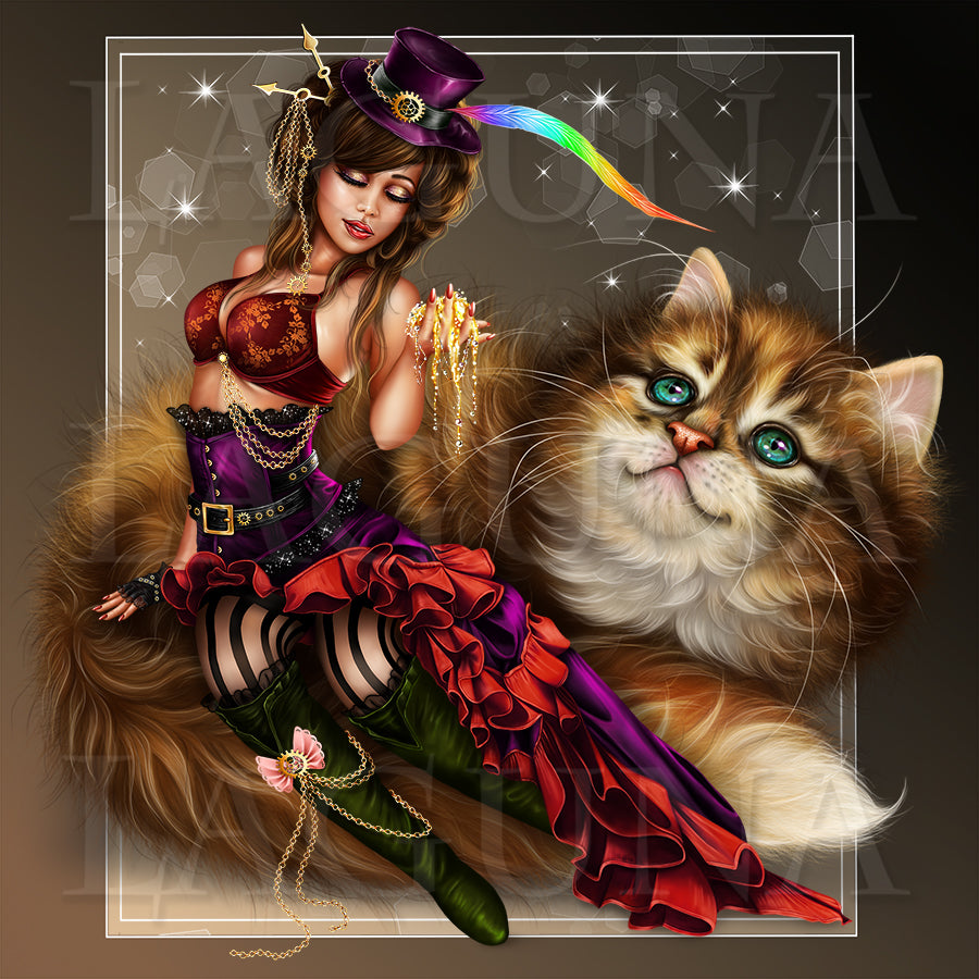 Steampunk Easter Leprechaun Girl Sitting on Cat