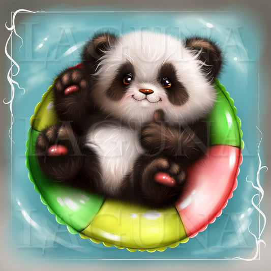 Illustration of a panda bear on a colorful swimming ring against a light blue background