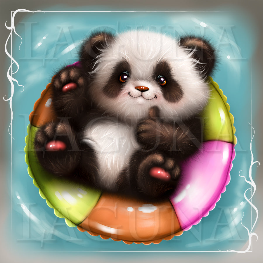 Cartoon panda bear on swimming ring on a light blue background